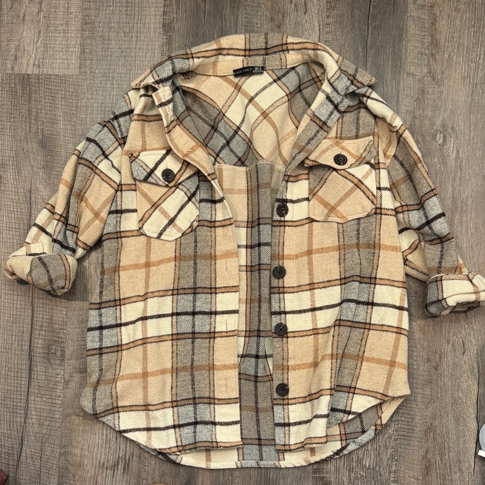 Black Tape Plaid Shacket in Beige and Gray